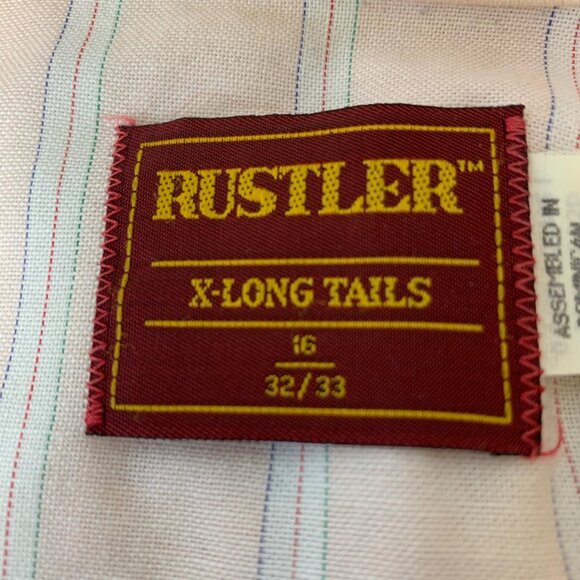 Rustler Mens Western Shirt X-Long Tails Size 16 32/33 pink Striped Snap - Picture 4 of 10